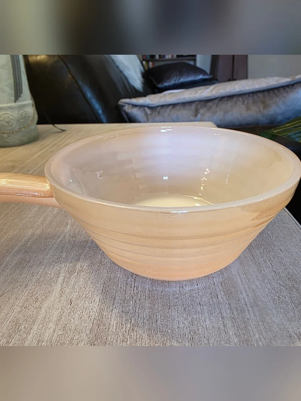 Fire King Vintage Peach Lustre Chili Bowl with Handle Beehive Ribbed Iridescent